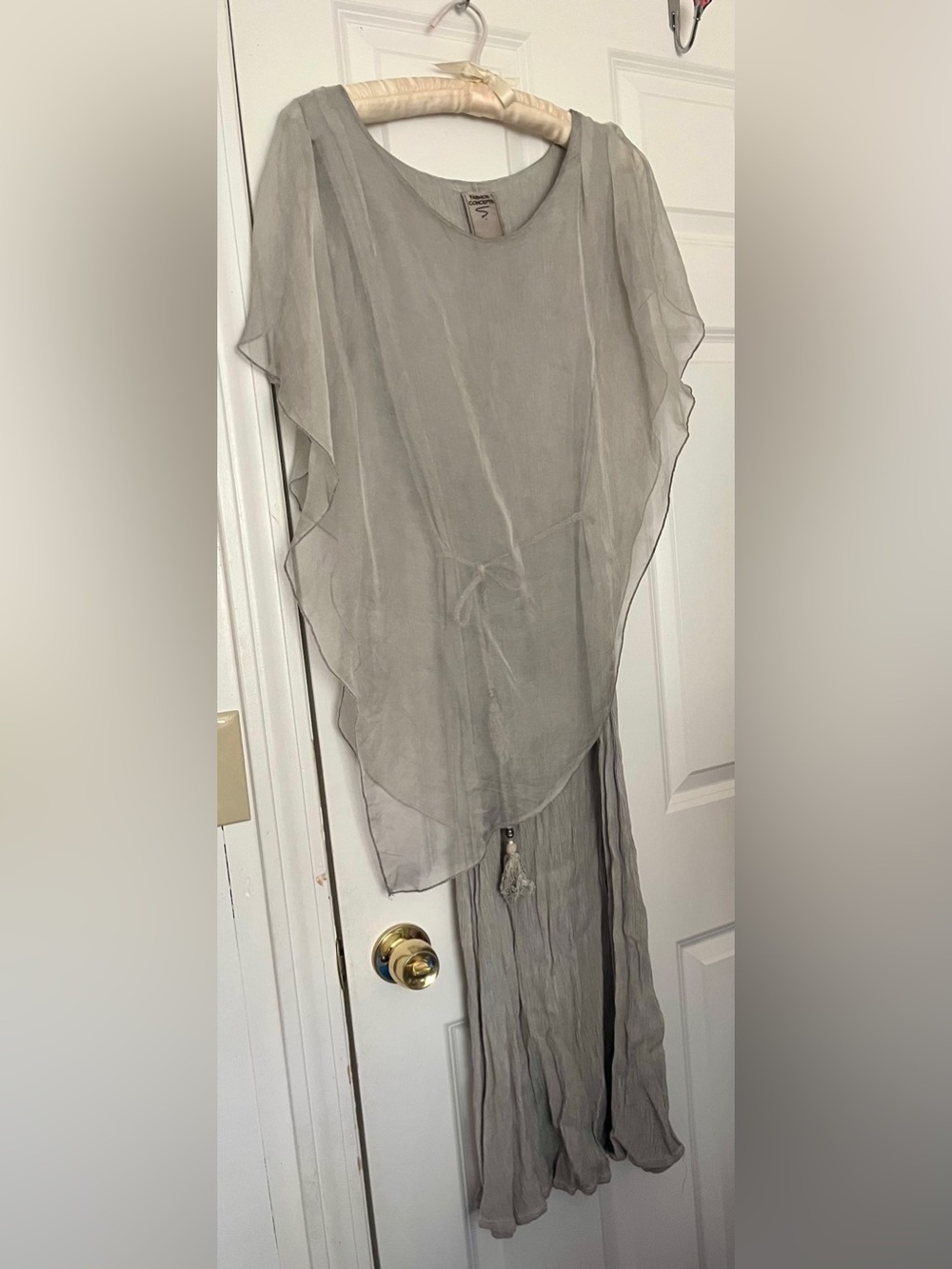 Fashion Concepts Sheer Grey Layered Dress with Tie Waist Flattering Coastal
